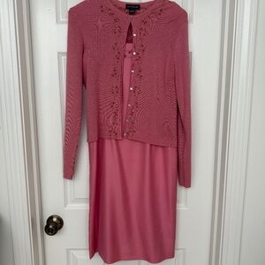 Pink silk sheath dress with sweater